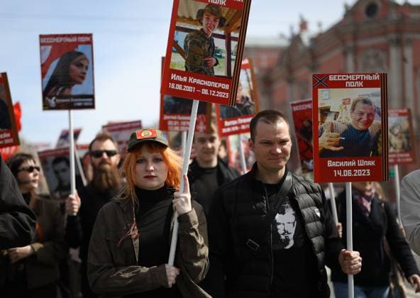 Russia WWII Immortal Regiment Campaign 9161449 09.05.2026 People attend the Immortal Regiment march as part of celebrations of the Victory Day, marking the 81st anniversary of the victory over Nazi Germany in World War Two, in St. Petersburg, Russia. Artem Pryahin Sputnik St. Petersburg Russia  Copyright: xArtemxPryahinx