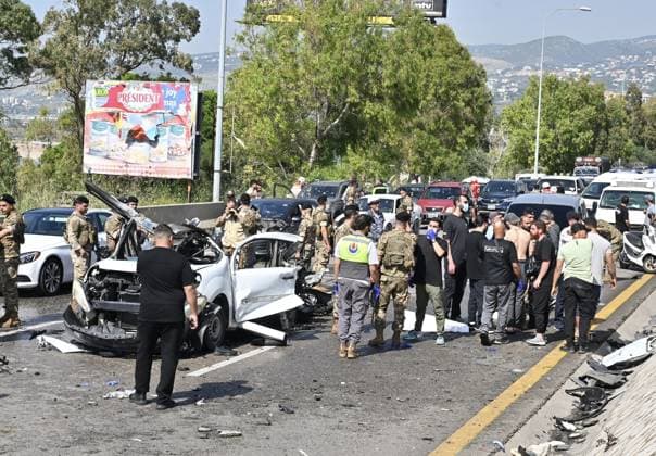 Israeli airstrike targets vehicle on Beirut-Sidon Highway in Lebanon BEIRUT, LEBANON - MAY 09: Lebanese security forces and emergency teams work at the scene after an Israeli air strike targeted a moving vehicle on the Beirut-Sidon highway on May 09, 2026. Reports indicate that two people lost their lives and two others sustained injuries in the attack. The targeted vehicle remains completely destroyed as security personnel cordons off the area following the strike. Houssam Shbaro Anadolu Beirut Lebanon. Editorial use only. Please get in touch for any other usage.  Copyright: x2026xAnadoluxHoussamxShbarox