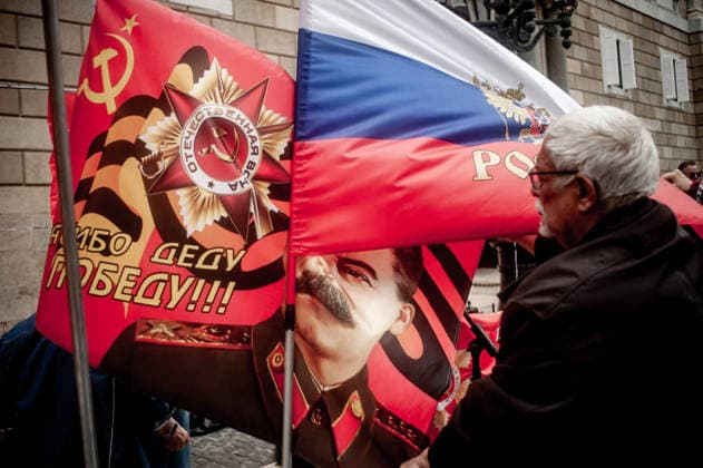 May 9, 2026, Barcelona, Spain: Stalin face is seen among flags during an Immortal Regiment march in Barcelona where people carry portraits of Soviet soldiers and wave communist flags marking Victory Day, the annual commemoration of the Soviet Union s victory over Nazi Germany in World War II. Barcelona Spain  - ZUMAb137 20260509_fap_b137_001 Copyright: xJordixBoixareux