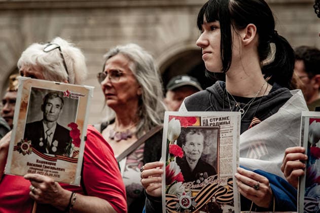 May 9, 2026, Barcelona, Spain: Participants hold portraits of Soviet veterans during an Immortal Regiment gathering in Barcelona marking Victory Day, the annual commemoration of the Soviet Union s victory over Nazi Germany in World War II. Barcelona Spain - ZUMAb137 20260509_fap_b137_007 Copyright: xJordixBoixareux