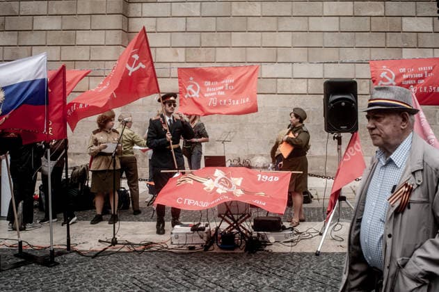 May 9, 2026, Barcelona, Spain: Participants are seen during an Immortal Regiment march in Barcelona where people carry portraits of Soviet soldiers and wave communist flags marking Victory Day, the annual commemoration of the Soviet Union s victory over Nazi Germany in World War II. Barcelona Spain  - ZUMAb137 20260509_fap_b137_008 Copyright: xJordixBoixareux