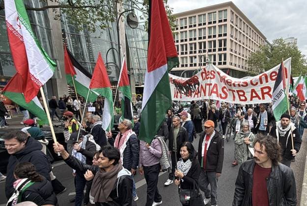 Pro-Palestine demonstration in Berlin BERLIN, GERMANY - MAY 09: Protesters gather to demonstrate solidarity with Palestine and protest against Israel s ongoing attacks on the Gaza Strip in Berlin, Germany, on May 09, 2026. Demonstrators marched through the city streets carrying Palestinian flags and banners calling for an immediate ceasefire and an end to the humanitarian crisis in Gaza. Erbil Basay Anadolu Berlin Germany. Editorial use only. Please get in touch for any other usage.  Copyright: x2026xAnadoluxErbilxBasayx