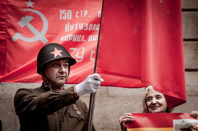 May 9, 2026, Barcelona, Spain: Participants are seen during an Immortal Regiment march in Barcelona where people carry portraits of Soviet soldiers and wave communist flags marking Victory Day, the annual commemoration of the Soviet Union s victory over Nazi Germany in World War II. Barcelona Spain - ZUMAb137 20260509_fap_b137_018 Copyright: xJordixBoixareux