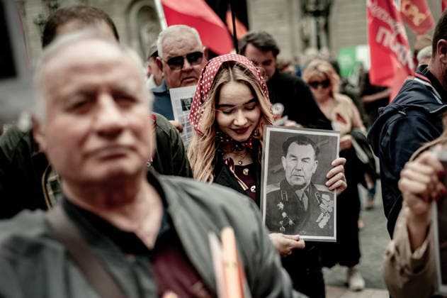 May 9, 2026, Barcelona, Spain: A participant holds a portrait of a Soviet veteran during an Immortal Regiment gathering in Barcelona marking Victory Day, the annual commemoration of the Soviet Union s victory over Nazi Germany in World War II. Barcelona Spain - ZUMAb137 20260509_fap_b137_022 Copyright: xJordixBoixareux