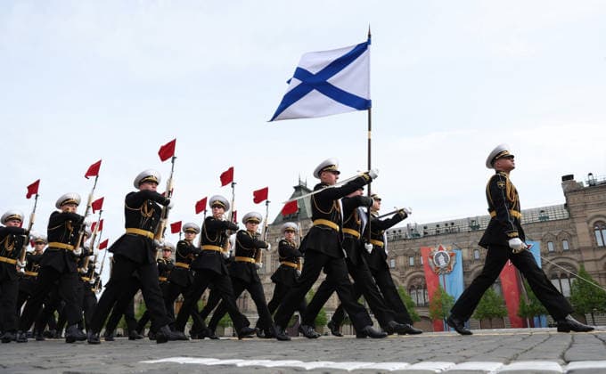 May 9, 2026, Moscow, Moscow Oblast, Russia: Russian Navy sailors march in formation during the annual Victory Day parade marking the 81st anniversary of the victory over Nazi Germany in World War Two, at Red Square, May 9, 2026 in Moscow, Russia. Moscow Russia - ZUMAp138 20260509_zaa_p138_024 Copyright: xKremlinxPool RussianxGovernmentx