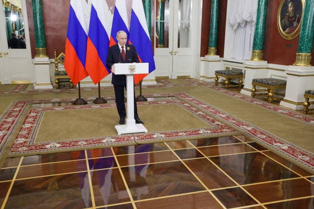 RUSSIA, MOSCOW - MAY 9, 2026: Russia s President Vladimir Putin talks to journalists at the Moscow Kremlin. Gavriil Grigorov Russian Presidential Press and Information Office TASS  92241620