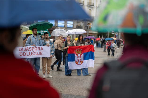 May 9, 2026, Madrid, Spain: Protesters carry a Serbian flag during the demonstration. During a gathering of Serbian residents in Madrid s Puerta del Sol as part of the global action The Diaspora Decides, STUDENTS WIN! to alert the international community to the deep institutional and democratic crisis in Serbia. The slogan Students Win! (Studenti pobedili) has become a rallying cry for youth groups demanding a review of democratic transparency in the country. Madrid Spain - ZUMAs197 20260509_aaa_s197_078 Copyright: xDavidxCanalesx