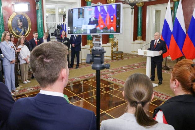 RUSSIA, MOSCOW - MAY 9, 2026: Russia s President Vladimir Putin talks to journalists at the Moscow Kremlin. Gavriil Grigorov Russian Presidential Press and Information Office TASS  92242682