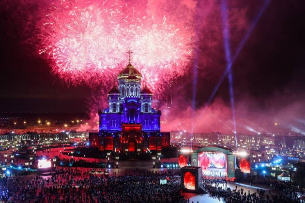 RUSSIA, MOSCOW REGION - MAY 9, 2026: Fireworks go off over the Main Cathedral of the Russian Armed Forces (Cathedral of the Resurrection of Christ) near Kubinka, west of Moscow, on Victory Day. Sergei Fadeichev TASS  92243690