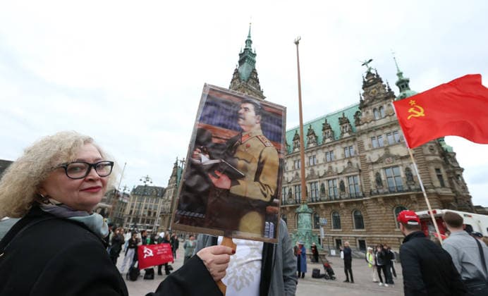 Exiled Russians commemorate the 1945 victory over Nazi Germany in the Second World War with a demonstration at the Rathausmarkt on May 9, the so-called Victory Day in Russia Old Town Hamburg