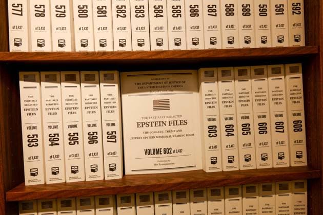 New York, NY- May 9: Donald J. Trump and Jeffery Epstein Memorial Room Exhibition in Manhattan New York. A gallery in a secret location in New York City display 3,374 books that document the released Epstein Files that were released by the DOJ along with a full length timeline displaying the relationship history between Trump and Epstein. Copyright: xAdMediax xMediaPunchx