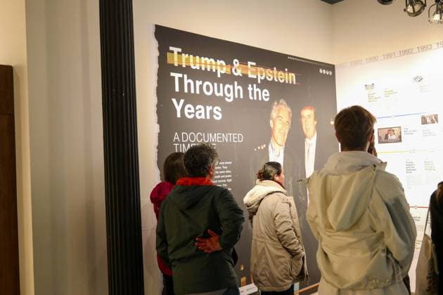 New York, NY- May 9: Donald J. Trump and Jeffery Epstein Memorial Room Exhibition in Manhattan New York. A gallery in a secret location in New York City display 3,374 books that document the released Epstein Files that were released by the DOJ along with a full length timeline displaying the relationship history between Trump and Epstein. Copyright: xAdMediax xMediaPunchx