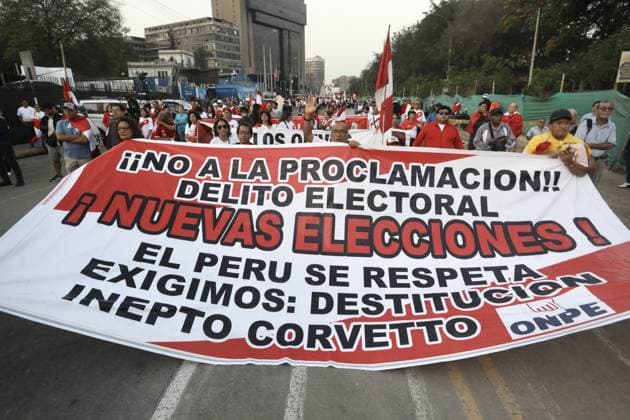 Citizens protest presidential election results in Peru LIMA, PERU - MAY 09: Hundreds of citizens gather to protest the presidential election results in Lima, Peru, on May 09, 2026. The demonstrations, joined by candidate Rafael Lopez Aliaga, occur amid ongoing political tension and uncertainty regarding the upcoming runoff election scheduled for June 7. Klebher Vasquez Anadolu Lima Peru. Editorial use only. Please get in touch for any other usage.  Copyright: x2026xAnadoluxKlebherxVasquezx
