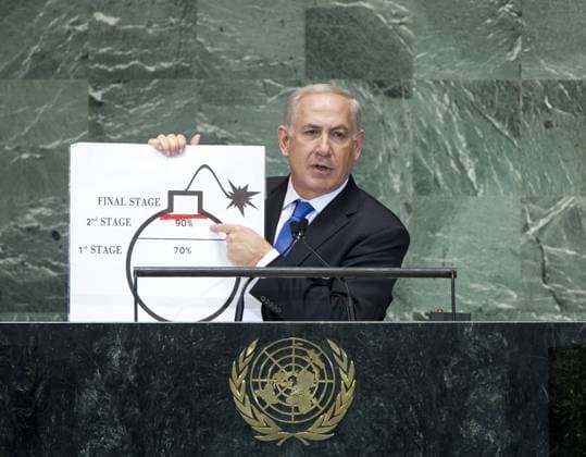 RECORD DATE NOT STATED Israeli Prime Minister Benjamin Netanyahu showing diagram of a bomb during his address to the U.N. General Assembly; Sept 27 2012 Israeli Prime Minister Benjamin Netanyahu showing diagram of a bomb during his address to the U.N. General Assembly; Sept 27 2012 Editorial use only. All other uses to be cleared with the copyright owner (World History Archive), in advance., WHA_049_0879.jpg, Benjamin Netanyahu; Israeli Prime Minister; U.N. General Assembly; bomb diagram; address; speech; United Nations; international relations; politics; world leader; Middle East; Israel; nuclear threat; security; presentation; public speaking; diplomacy; global issues; war; conflict; terrorism; Middle Eastern politics; United States; Copyright: xWorldxHistoryxArchivex