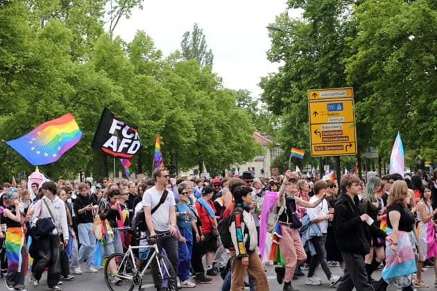 People walk with various flags in the Pappelallee during a demonstration for Christopher Street Day in Potsdam, May 9, 2026 CSD in Potsdam