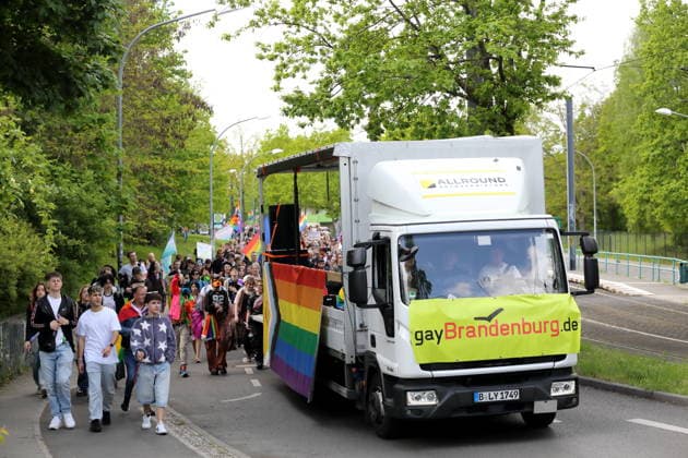 A vehicle with the inscription gayBrandenburg de drives in Kiepenheuerallee during a demonstration for Christopher Street Day in Potsdam, May 9, 2026 CSD in Potsdam