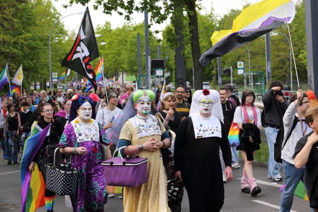 Sisters of Perpetual Indulgence walk in Kiepenheuerallee during a demo for Christopher Street Day in Potsdam, May 9, 2026 CSD in Potsdam