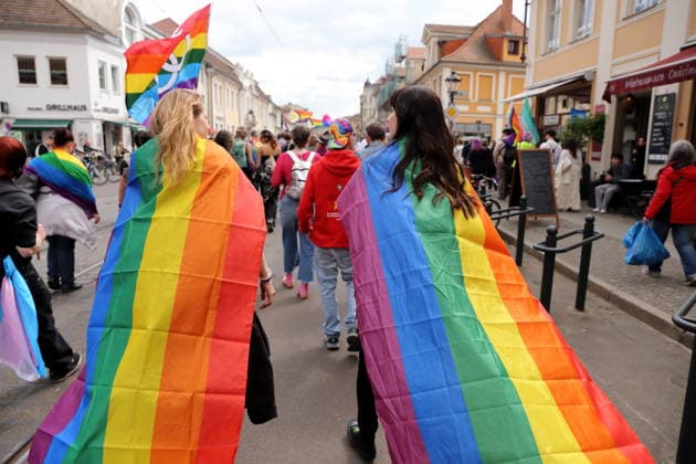 People walk with rainbow flags in Friedrich Ebert Straße during a demonstration for Christopher Street Day in Potsdam, May 9, 2026 CSD in Potsdam
