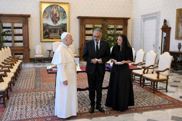 ITALY - POPE LEO XIV DURING A PRIVATE AUDIENCE WOTH ALIX DIDER FILS-AIME IN THE VATICAN - 2026 5 9 Italy, Rome, Vatican, 2026 5 9 Pope Leo XIV during a private audience with Alix Didier Fils-Aime, Prime Minister of Haiti in The Vatican EDITORIAL USE ONLY - NO BOOKS Copyright: xVATICANxMEDIAx