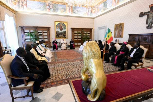 ITALY - POPE LEO XIV DURING A PRIVATE AUDIENCE WITH DELEGATION OF LEADERS AND REPRESENTATIVES OF THE MUSLIM CIMMUNITY OF SENEGAL IN THE VATICAN - 2026 5 9 Italy, Rome, Vatican, 2026 5 9 Pope Leo XIV during a private audience with Delegation of Leaders and Representatives of the Muslim Community of Senegal in The Vatican EDITORIAL USE ONLY - NO BOOKS Copyright: xVATICANxMEDIAx