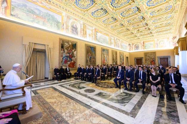 ITALY - POPE LEO XIV DURING A PRIVATE AUDIENCE WITH INTER EXECUTIVES AND PLAYERS IN THE VATICAN - 2026 5 9 Italy, Rome, Vatican, 2026 5 9 Pope Leo XIV during a private audience with Inter Executives and Players in The Vatican EDITORIAL USE ONLY - NO BOOKS Copyright: xVATICANxMEDIAx