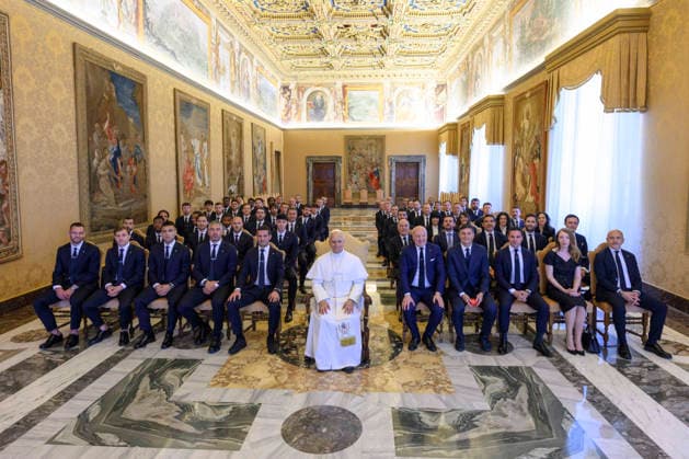 ITALY - POPE LEO XIV DURING A PRIVATE AUDIENCE WITH INTER EXECUTIVES AND PLAYERS IN THE VATICAN - 2026 5 9 Italy, Rome, Vatican, 2026 5 9 Pope Leo XIV during a private audience with Inter Executives and Players in The Vatican EDITORIAL USE ONLY - NO BOOKS Copyright: xVATICANxMEDIAx
