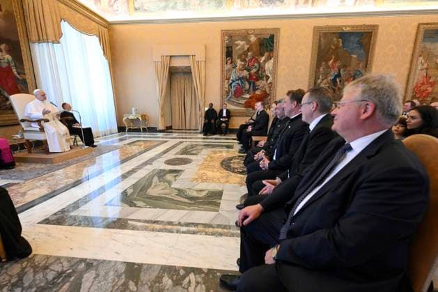 ITALY - POPE LEO XIV DURING A PRIVATE AUDIENCE WITH MEMEBERS OF THE EDITH-WEGNER-HABERLAND FOUNDATION AND AUGUSTINER BRAWERY IN THE VATICAN - 2026 5 9 Italy, Rome, Vatican, 2026 5 9 Pope Leo XIV during a private audience with Members of the Edith-Wagner-Haberland Foundation and Augustiner Brewery in The Vatican EDITORIAL USE ONLY - NO BOOKS Copyright: xVATICANxMEDIAx
