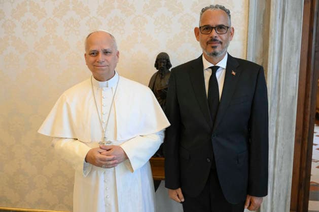 ITALY - POPE LEO XIV DURING A PRIVATE AUDIENCE WOTH ALIX DIDER FILS-AIME IN THE VATICAN - 2026 5 9 Italy, Rome, Vatican, 2026 5 9 Pope Leo XIV during a private audience with Alix Didier Fils-Aime, Prime Minister of Haiti in The Vatican EDITORIAL USE ONLY - NO BOOKS Copyright: xVATICANxMEDIAx