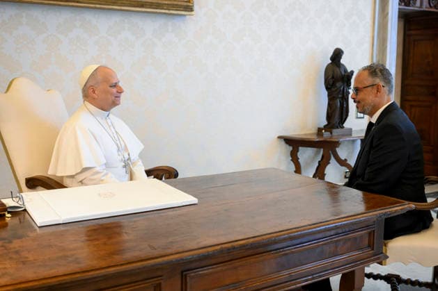 ITALY - POPE LEO XIV DURING A PRIVATE AUDIENCE WOTH ALIX DIDER FILS-AIME IN THE VATICAN - 2026 5 9 Italy, Rome, Vatican, 2026 5 9 Pope Leo XIV during a private audience with Alix Didier Fils-Aime, Prime Minister of Haiti in The Vatican EDITORIAL USE ONLY - NO BOOKS Copyright: xVATICANxMEDIAx