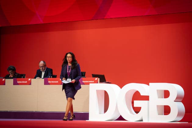 Yasmin Fahimi on stage at the opening of the Federal Congress DGB Federal Congress 2026 in Berlin German Trade Union Confederation, Berlin Berlin Germany Hotel Estrel