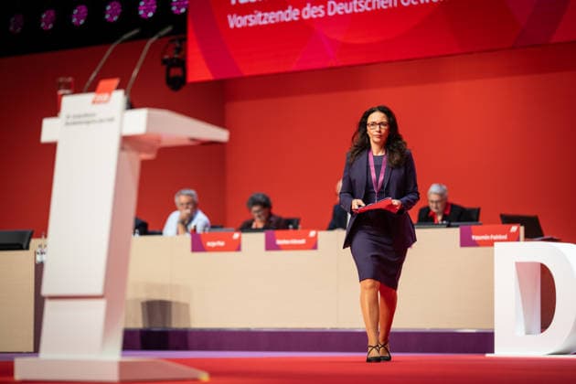 Yasmin Fahimi on stage at the opening of the Federal Congress DGB Federal Congress 2026 in Berlin German Trade Union Confederation, Berlin Berlin Germany Hotel Estrel