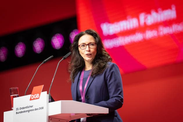 Yasmin Fahimi on stage at the opening of the Federal Congress DGB Federal Congress 2026 in Berlin German Trade Union Confederation, Berlin Berlin Germany Hotel Estrel