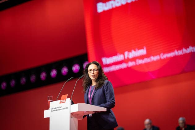 Yasmin Fahimi on stage at the opening of the Federal Congress DGB Federal Congress 2026 in Berlin German Trade Union Confederation, Berlin Berlin Germany Hotel Estrel