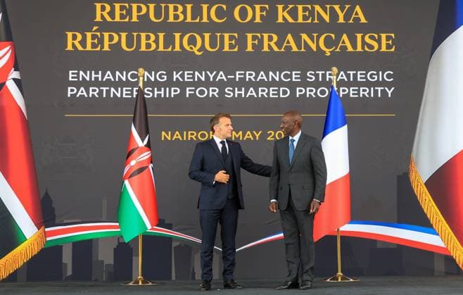 French President Emmanuel Macron in Kenya NAIROBI, KENYA - MAY 10: French President Emmanuel Macron (L) meets with Kenyan President William Ruto (R) during an official visit in Nairobi, Kenya, on May 10, 2026. Lucas Mukasa Anadolu Nairobi Kenya. Editorial use only. Please get in touch for any other usage.  Copyright: x2026xAnadoluxLucasxMukasax