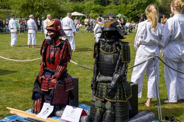 Augsburg, Bavaria, Germany May 10, 2026: Traditional samurai armor on display at an outdoor Japanese cultural event. These detailed replicas of historical warrior gear evoke the spirit of bushido, martial arts, and Japan™s military history. Traditional Japanese Spring Festival at the Augsburg Botanical Garden. The event is part of the garden™s 90th anniversary celebrations