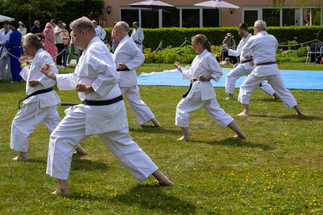 Augsburg, Bavaria, Germany May 10, 2026: A karate group practices movement sequences and striking techniques on a lawn. Participants in the Japanese martial art practice discipline, body control, and traditional fighting techniques outdoors. Traditional Japanese Spring Festival at the Augsburg Botanical Garden. The event is part of the garden™s 90th anniversary celebrations