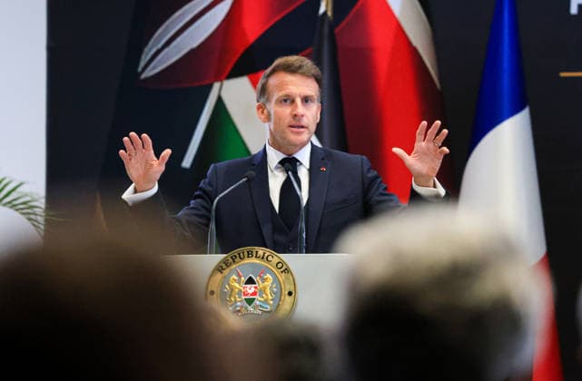 French President Emmanuel Macron in Kenya NAIROBI, KENYA - MAY 10: French President Emmanuel Macron and Kenyan President William Ruto (not seen) hold a joint press conference following their bilateral meeting during Macron’s official visit in Nairobi, Kenya, on May 10, 2026. Lucas Mukasa Anadolu Nairobi Kenya. Editorial use only. Please get in touch for any other usage.  Copyright: x2026xAnadoluxLucasxMukasax