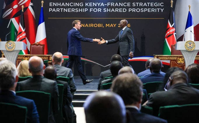 French President Emmanuel Macron in Kenya NAIROBI, KENYA - MAY 10: French President Emmanuel Macron (L) and Kenyan President William Ruto (R) hold a joint press conference following their bilateral meeting during Macron’s official visit in Nairobi, Kenya, on May 10, 2026. Lucas Mukasa Anadolu Nairobi Kenya. Editorial use only. Please get in touch for any other usage.  Copyright: x2026xAnadoluxLucasxMukasax