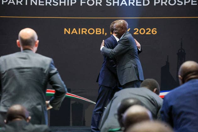 French President Emmanuel Macron in Kenya NAIROBI, KENYA - MAY 10: French President Emmanuel Macron (L) and Kenyan President William Ruto (R) hold a joint press conference following their bilateral meeting during Macron’s official visit in Nairobi, Kenya, on May 10, 2026. Lucas Mukasa Anadolu Nairobi Kenya. Editorial use only. Please get in touch for any other usage.  Copyright: x2026xAnadoluxLucasxMukasax