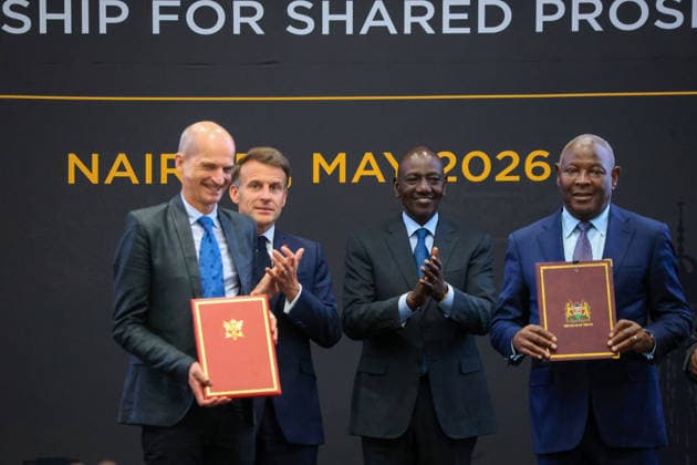 French President Emmanuel Macron in Kenya NAIROBI, KENYA - MAY 10: French President Emmanuel Macron and Kenyan President William Ruto sign cooperation agreements in various fields following their meeting during Macron’s official visit in Nairobi, Kenya, on May 10, 2026. Lucas Mukasa Anadolu Nairobi Kenya. Editorial use only. Please get in touch for any other usage.  Copyright: x2026xAnadoluxLucasxMukasax