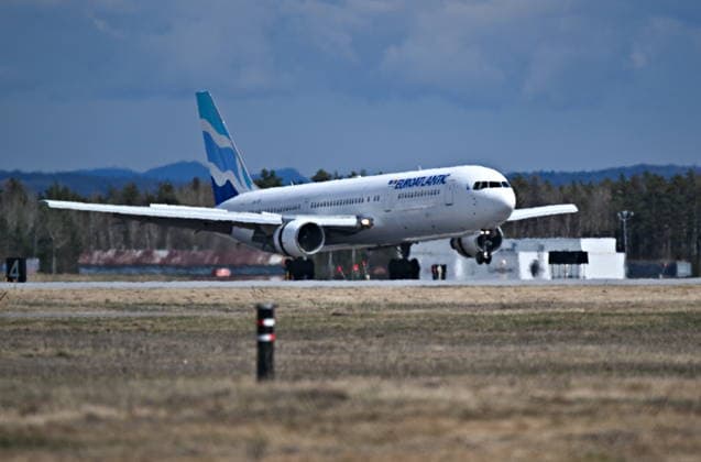 May 10, 2026, Saguenay, Pq, Canada: A Euroatlantic Boeing 767 lands at the Bagotville airport in Saguenay, Que. on Sunday, May 10, 2026. The plane is carrying four Canadians that were on a cruise ship that was affected with Hantavirus. Saguenay Canada  - ZUMAc35_ 20260510_zaf_c35_085 Copyright: xJacquesxBoissinotx