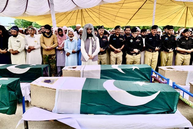 May 10, 2026, Peshawar, Peshawar, Pakistan: Funeral for victims of attack at police station in Pakistan..Relatives and police officials attend the funeral of victims of a car bomb attack at a police post in Bannu, KPK province, Pakistan, 10 May 2026. According to police officials, at least 12 police personnel were killed and several others injured after an explosives-laden vehicle struck the checkpoint, followed by an exchange of fire with militants in the northwestern Bannu district bordering Afghanistan. Peshawar Pakistan  - ZUMAa217 20260510_znp_a217_004 Copyright: xHussainxAlix