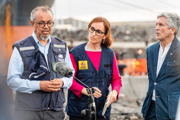 Health concludes that the MV Hondius will be able to leave late tomorrow afternoon after concluding the repatriations I D The Director General of the World Health Organization WHO, Tedros Adhanom Ghebreyesus the Minister of Health, Monica Garcia and the Minister of the Interior, Fernando Grande Marlaska attend to the media in the port of Granadilla, on May 10, 2026, in Granadilla de Abona, Tenerife, Canary Islands Spain Monica Garcia has assured this Sunday that the ship affected by the outbreak of hantavirus, The last ones to disembark from the ship this Sunday have been the group of North Americans, and so far, 94 people of 19 different nationalities have disembarked from the cruise ship 10 MAY 2026 Europa Press Canarias 10 05 2026 Grana Copyright: xEuropaxPressxCanariasx 7513683