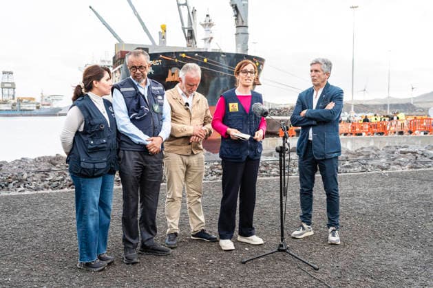 Health concludes that the MV Hondius will be able to sail late tomorrow afternoon after completing the repatriations I D The director general of the World Health Organization WHO, Tedros Adhanom Ghebreyesus the Minister of Territorial Policy and Democratic Memory, Ángel Víctor Torres the Minister of Health, Mónica García and the Minister of the Interior, Fernando Grande Marlaska attend to the media in the port of Granadilla, on May 10, 2026, in Granadilla de Abona, Tenerife, Canary Islands Spain Mónica García has assured this Sunday that the ship affected by the hantavirus outbreak, on the MV Hondius, will be able to leave late in the afternoon of Monday, after all the repatriations have been completed The last to disembark from the ship t Copyright: xEuropaxPressxCanariasx 7513686