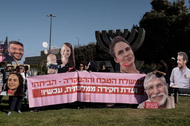 May 11, 2026, Jerusalem, Israel: Protesters gather at the entrance to the Knesset as the Israeli parliament reconvenes after a six week spring recess. Demonstrators hold enlarged placards depicting victims of the October 7, 2023, massacre, which claimed approximately 1,200 lives, and the 46 hostages taken alive and subsequently murdered or found dead in Hamas captivity. The rally demands a judiciary appointed independent national committee of inquiry into government negligence, which protesters claim led to the initial security failure and the deaths of over 1,150 Israeli security personnel in the ensuing battles. With the current governmentÃ¢â‚¬â ¢s mandate potentially lasting until October 2026, the group is calling for immediate accounta  - ZUMAa126 20260511_zap_a126_004 Copyright: xNirxAlonx