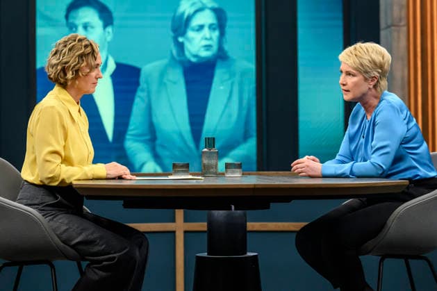 in the picture from l Caren Miosga, Manuela Schwesig, Minister President Mecklenburg Vorpommern, SPD, GER, Berlin, Studio, guest of Caren Miosga, Polittalk, TV, format, recording, Das Erste, recorded, from Adlershof at Studio 20, topic How does the SPD want to regain trust, Ms. Schwesig 10 05 2026 Copyright: HMBxMedia UwexKoch