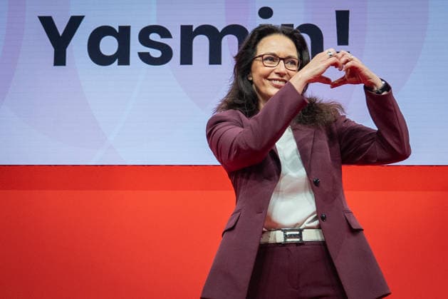 Re-elected DGB Federal Chairwoman Yasmin Fahimi on stage directly after the announcement of her election result with 96.1 DGB Federal Congress 2026 in Berlin German Trade Union Confederation, Berlin Berlin Germany Hotel Estrel