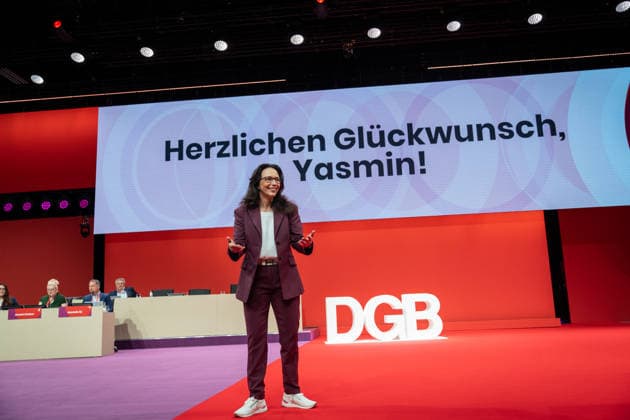 Re-elected DGB Federal Chairwoman Yasmin Fahimi on stage directly after the announcement of her election result with 96.1 DGB Federal Congress 2026 in Berlin German Trade Union Confederation, Berlin Berlin Germany Hotel Estrel