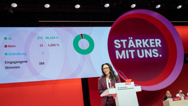 Re-elected DGB Federal Chairwoman Yasmin Fahimi on stage directly after the announcement of her election result with 96.1 DGB Federal Congress 2026 in Berlin German Trade Union Confederation, Berlin Berlin Germany Hotel Estrel