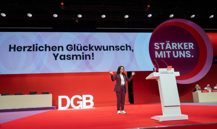 Re-elected DGB Federal Chairwoman Yasmin Fahimi on stage directly after the announcement of her election result with 96.1 DGB Federal Congress 2026 in Berlin German Trade Union Confederation, Berlin Berlin Germany Hotel Estrel
